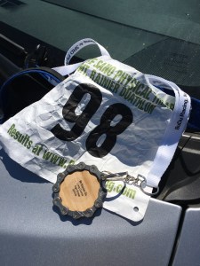 Bib number (98) and medal